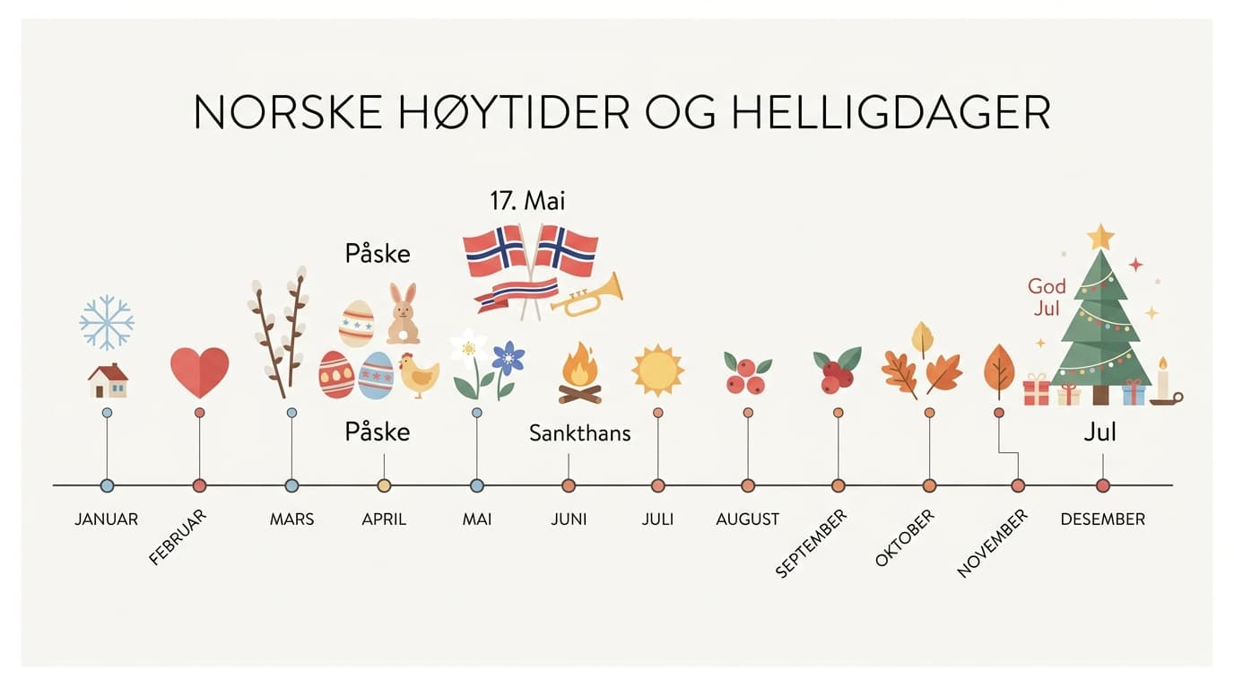 Norske høytider og helligdager gjennom året - påske, 17. mai og jul