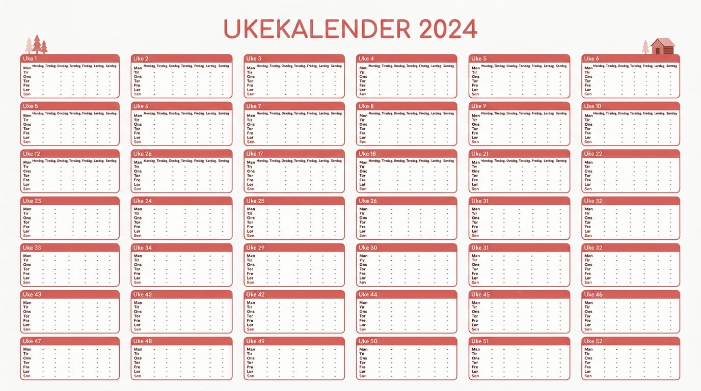 Ukekalender med ukenumre 1-52 for planlegging